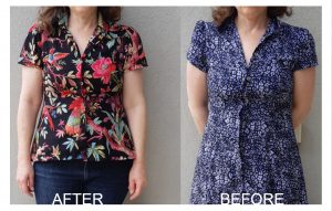 העתקת בגדים בשיטת ONEOFF2 -מימין השמלה המקורית שהעתקתי-משמאל אחת החולצות שנתפרו מהגזרה החדשה.