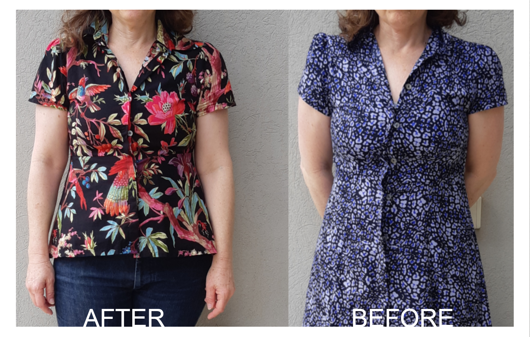 העתקת בגדים בשיטת ONEOFF2 -מימין השמלה המקורית שהעתקתי-משמאל אחת החולצות שנתפרו מהגזרה החדשה.