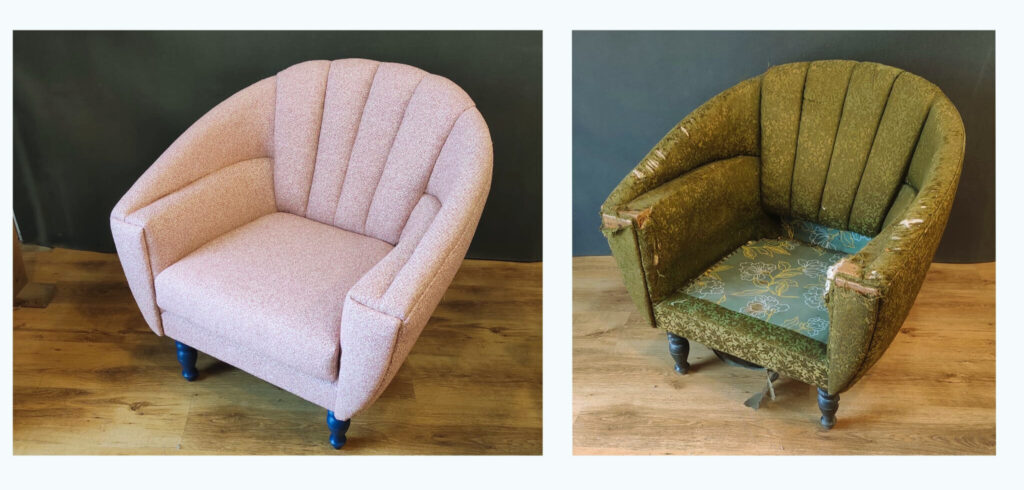 כורסא לפני ואחרי ריפוד בסטודיו "סיפור כיסוי"
